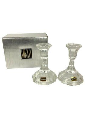 Mikasa Strasbourg Candlestick Pair Clear Crystal Original Box Japan RPW04/339